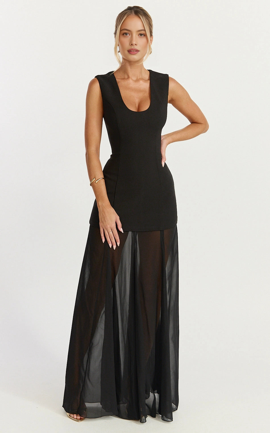 Minimalist Sleeveless U Neck Back Zipper Chiffon Overlay Plus Size Maxi Wedding Guest Dress 