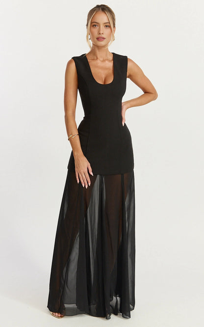 Minimalist Sleeveless U Neck Back Zipper Chiffon Overlay Plus Size Maxi Wedding Guest Dress 