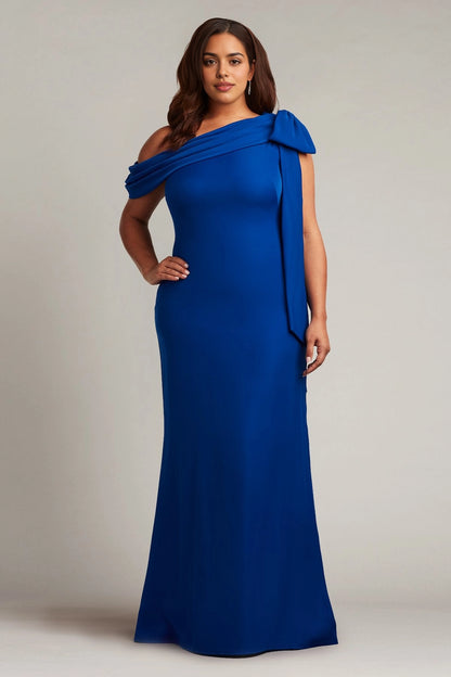 Plus Size Elegant Mermaid Asymmetric Neck Draped  Back Floor Length Wedding Guest Dress