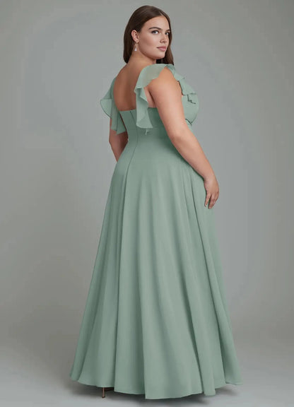 Burgundy Plus Size Chiffon A-Line V-Neck Ruffled Open Back Maxi Bridesmaid Dress