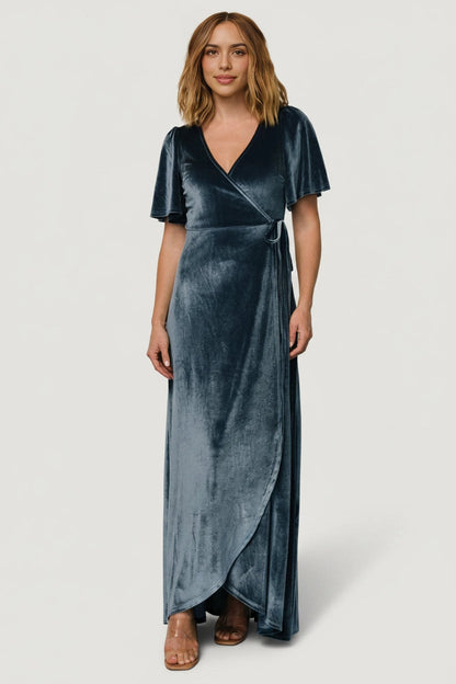 Soft A‑line V‑Neck Flutter Sleeve Closed‑Back Maxi Mother Of Bride Dress