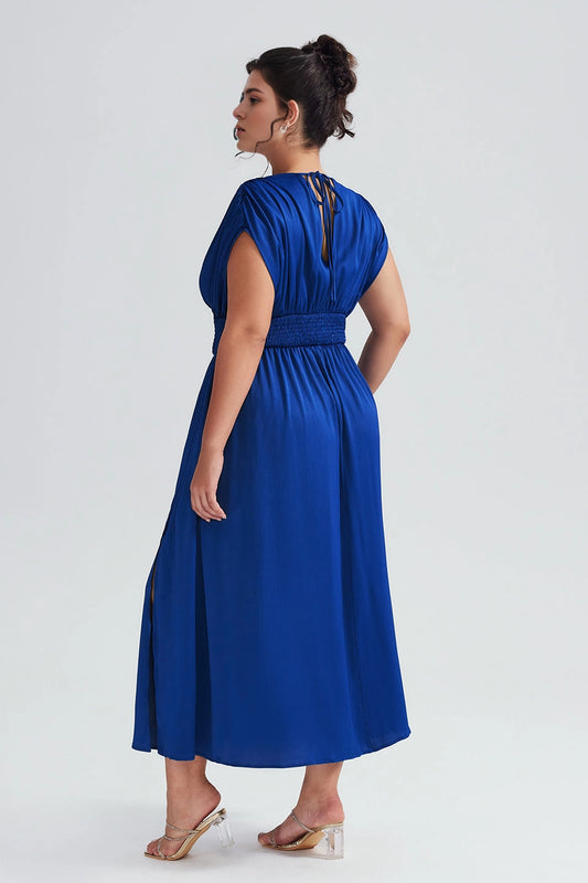 Roselledress plus size formal midi dress tie back cutout royal blue cocktail gown rear view