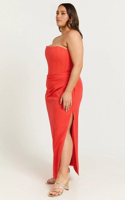 Sleek Sheath Strapless Straight Back Zipper Back Plus Size Corset Slit Midi Prom Dress