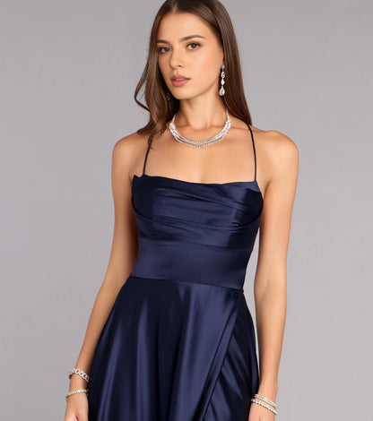 Shiny A-Line Cowl Spaghetti Strap Lace Up Back Slit Maxi Prom Dress