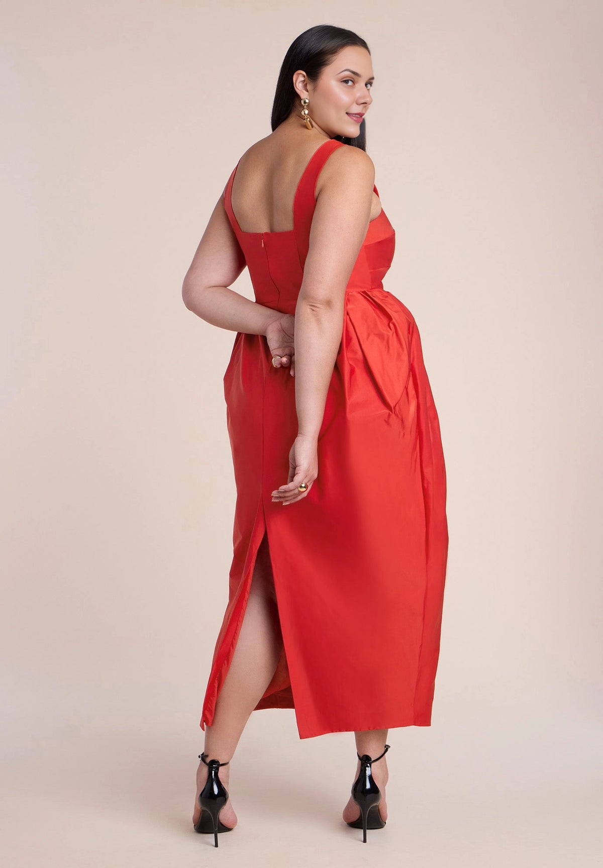 Mustard Cotton Plus Size A‑Line Square Neck Sleeveless Back Slit Midi Wedding Guest Dress