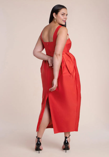 Mustard Cotton Plus Size A‑Line Square Neck Sleeveless Back Slit Midi Wedding Guest Dress