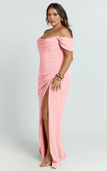 Elegant Mermaid Off Shoulder Straight Back Zipper Back Plus Size Corset Slit Maxi Prom Dress
