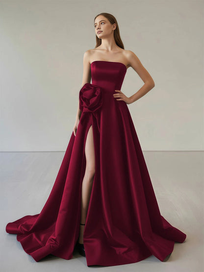 Roselledress Structured Satin Aline Strapless Floral Corset LaceUpBack Train Plus Size Prom Dress
