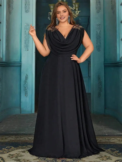 Elegant A‑Line Cowl‑Neck Cap‑Sleeve Cowl‑Back Floor‑Length Plus Size Mother Of The Bride Dress