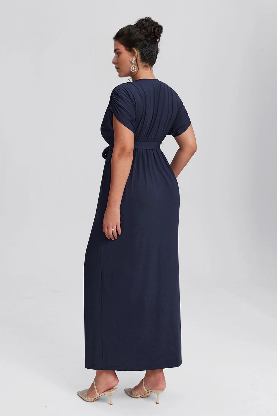 Back view Roselledress navy plus size a‑line dress pleated back tie waist floor‑length formal party gown