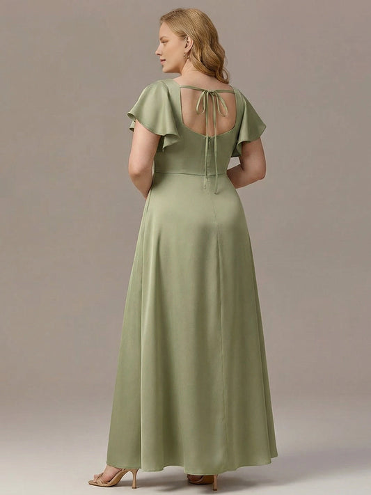 Roselledress satin bridesmaid dress open tie back vertical zipper floor length back view