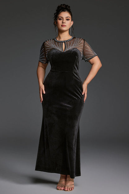 Plus Size Black Mermaid Keyhole‑Neck Short‑Sleeve Sheer‑Back Ankle‑Length Prom Dress