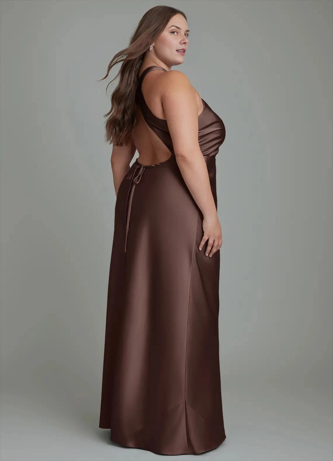 Roselle Dress plus size open back tie‑back chocolate satin bridesmaid dress back view