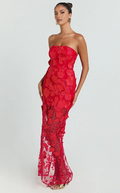 Mermaid Strapless Back Zipper 3D Floral Mesh Plus Size Wedding Guest Dress