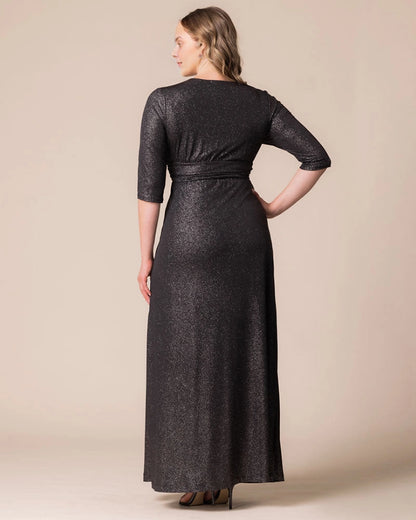 Champagne Plus Size Shimmer Twist‑Front 3/4 Sleeve Maxi Wedding Guest Dress