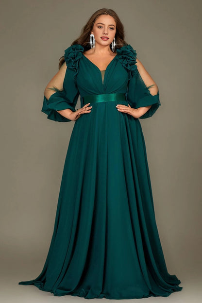 Flowy A-Line Deep V Split-Sleeve Zipper-Back Floor-Length Plus Size Burgundy Mother Of Bride Dress