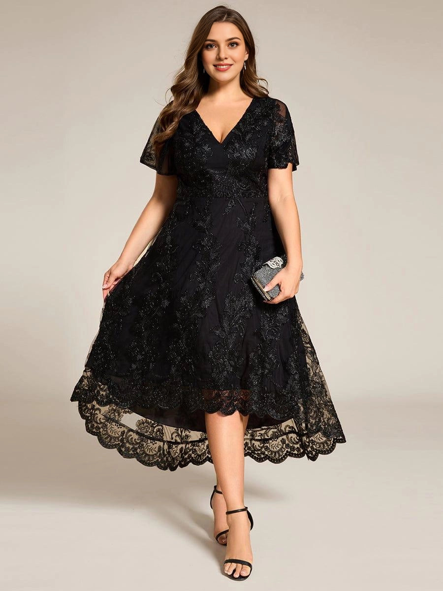 Roselledress High-Low A-Line V-Neck Flutter-Sleeve V-Zip-Back Midi Plus Size Weeding Guest Dress