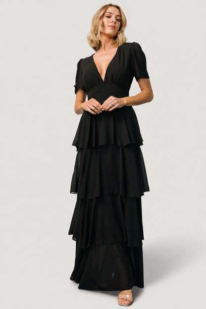 Tiered A-line V-Neck Short Sleeve Smocked-Back Maxi Mother Of Bride Dress