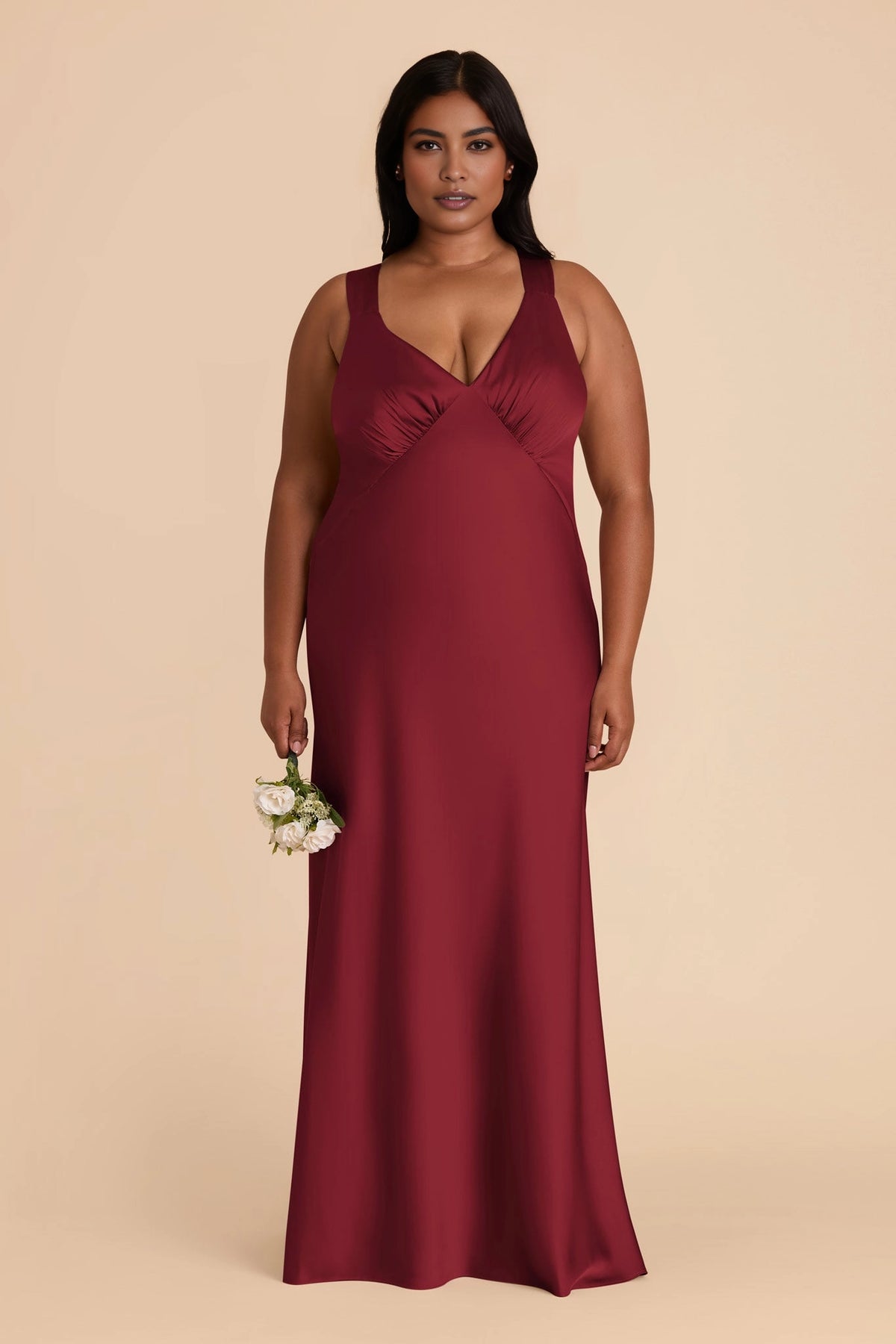 Soft Satin Mermaid V Neck Sleeveless Cross Back Maxi Plus Size Bridesmaid Dress