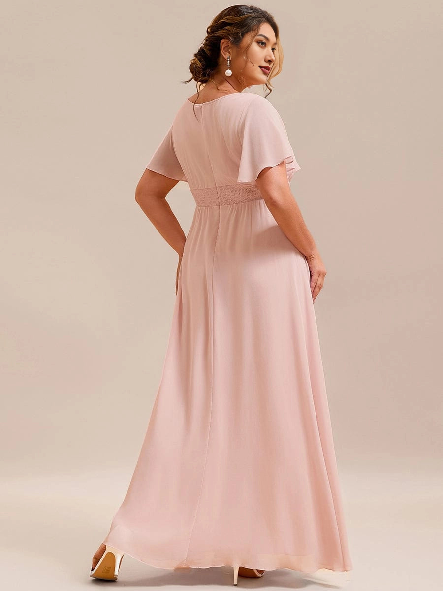 A-Line Round Neck Flutter Sleeve Back Zipper Floor Length Plus Size Floral Chiffon Wedding Guest Dress