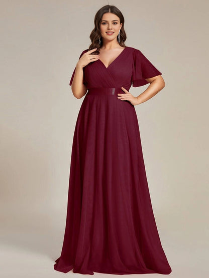 Roselledress Soft A-Line V-Neck Flutter-Sleeve V-Zip-Back Floor-Length Plus Size Weeding Guest Dress