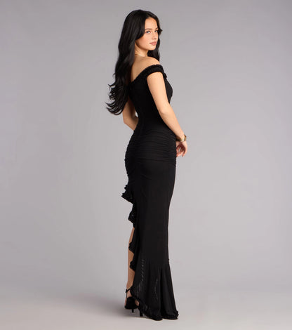 Back view RoselleDress black off shoulder ruched mermaid gown ruffle hem floor length wedding guest dress