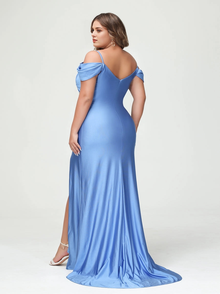 Roselledress curvy formal gown cold shoulder draped sleeve low V back zipper sweep train plus size evening dress side back photo
