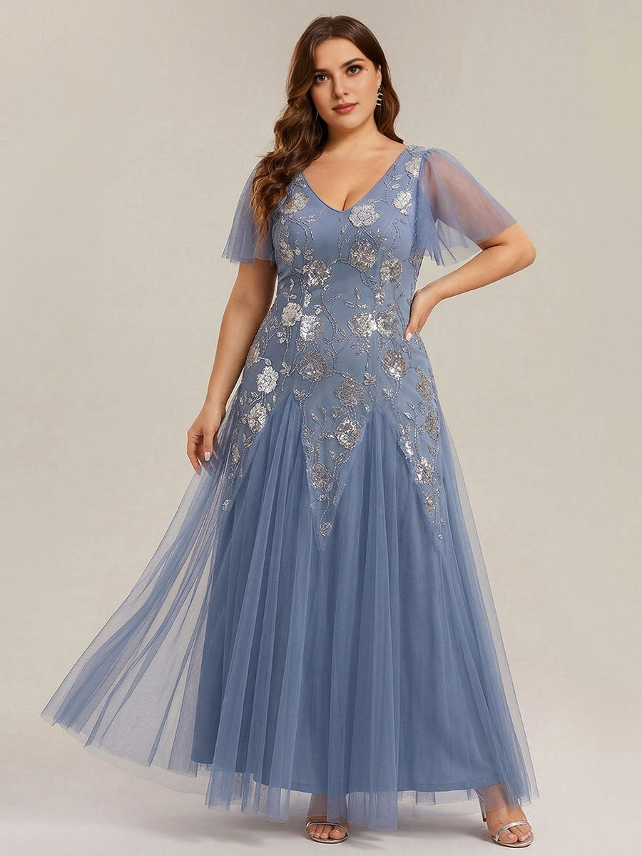 Roselledress Champagne A-line V-Neck Flutter Sleeve Zipper Back Floor Length Plus Size Wedding Guest Dress 