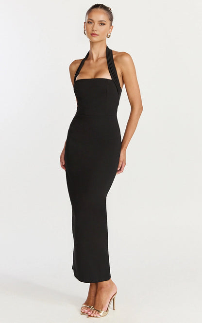 Elegant Sheath Halter Plunge Open Back Zipper Back Plus Size Slit Midi Wedding Guest Dress