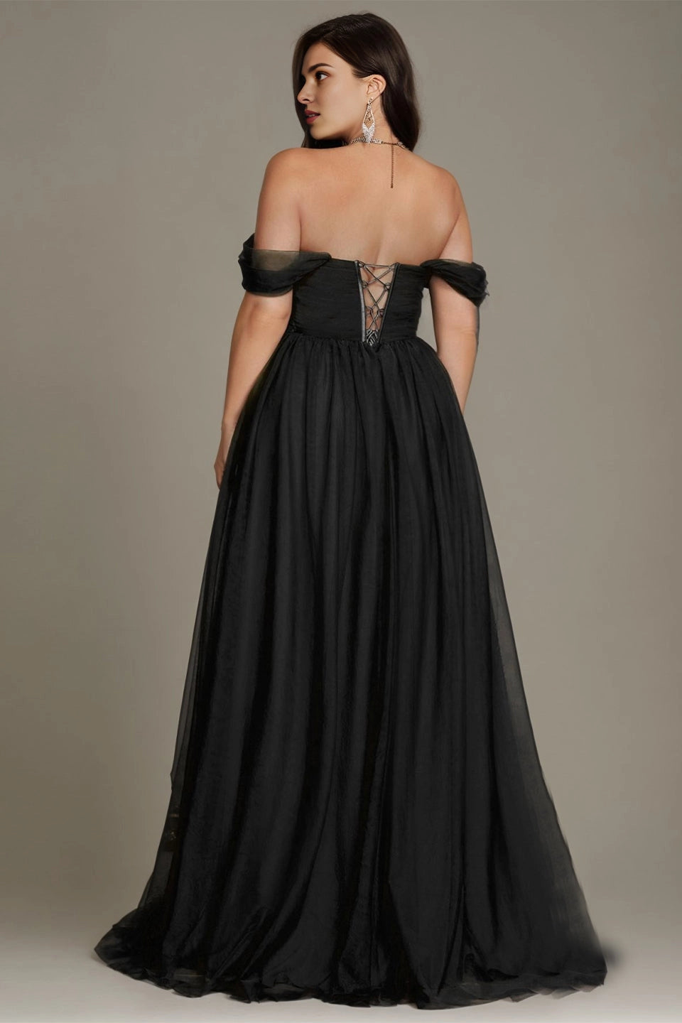 Olive Green Plus Size A‑Line Off‑The‑Shoulder Short‑Sleeve Lace‑Up‑Back Long Prom Dress
