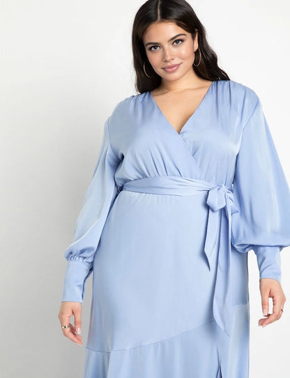 Roselledress Ruffle-Hem Long-Sleeve Satin Midi Plus Size Wedding Guest Dress