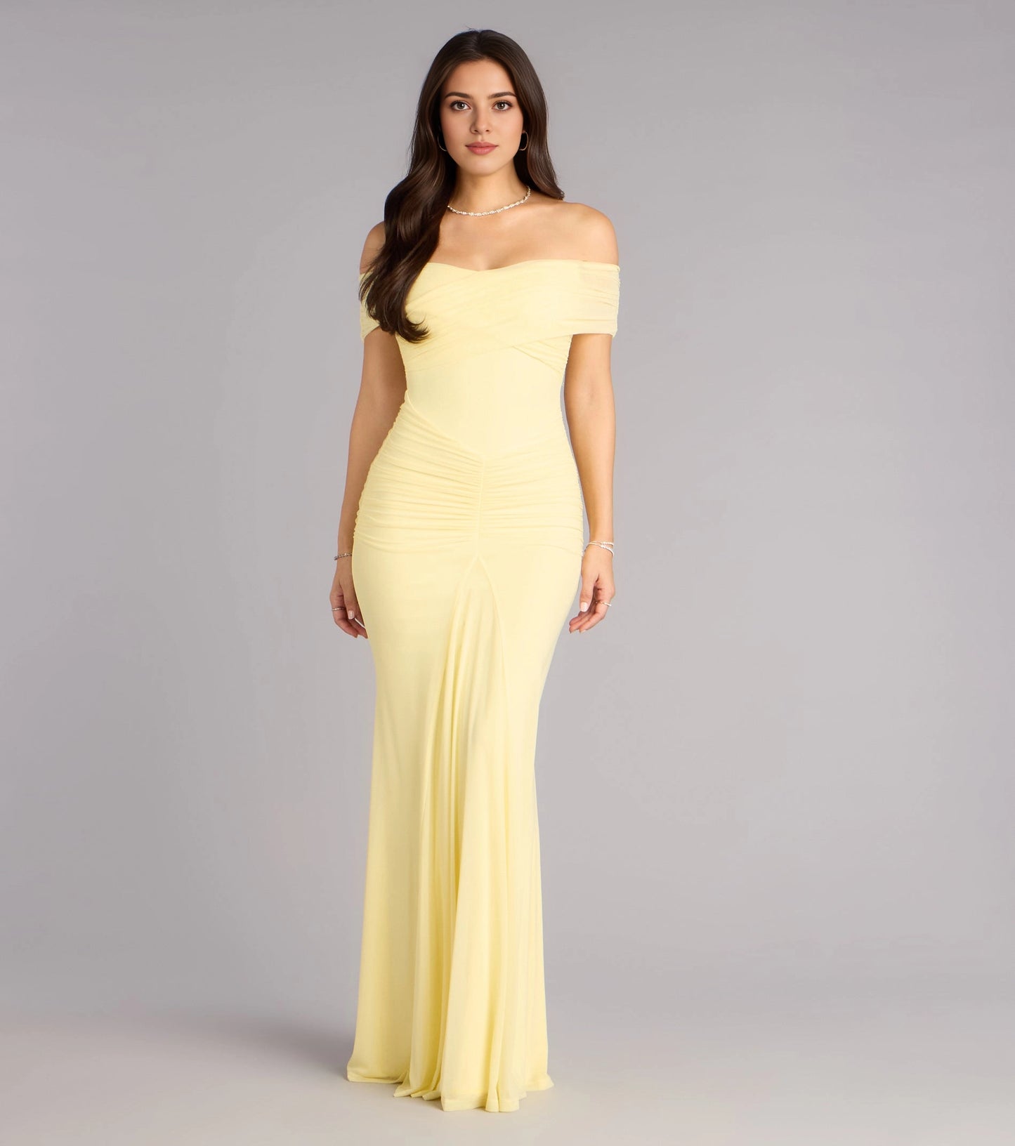 Roselledress pale yellow mesh bridesmaid gown off shoulder short sleeve full ruched mermaid long spring prom dress