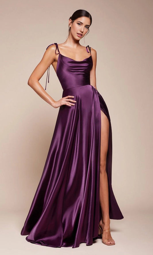 roselledress deep purple glossy satin adjustable tie spaghetti cowl neck high thigh slit flowy long bridesmaid prom gown neutral studio front full shot