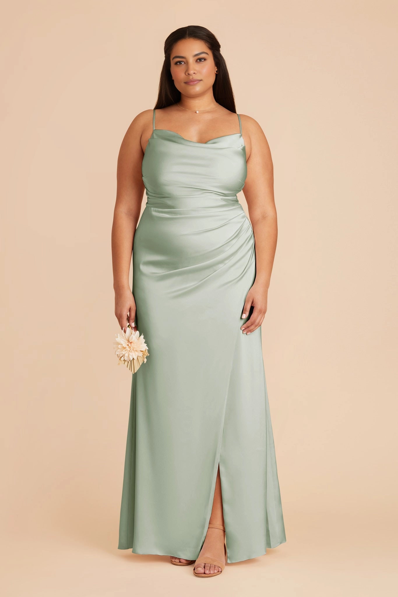 Elegant Satin Sheath Cowl Neck Spaghetti Strap Zipper Back Floor Length Plus Size Bridesmaid Dress