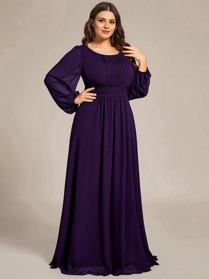 roselledress purple chiffon plus size wedding guest dress scoop neck lantern long sleeve smocked waist maxi gown