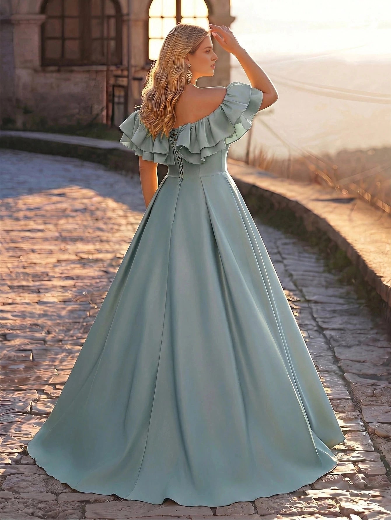 Plus Size Yellow A‑Line Off‑The‑Shoulder Ruffle‑Sleeve Corset‑Back Floor‑Length Prom Dress