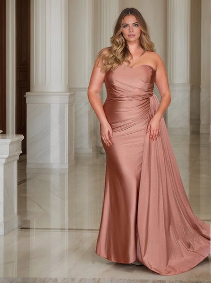 Black Shimmer One‑Shoulder Draped Mermaid Train Plus Size Prom Dress