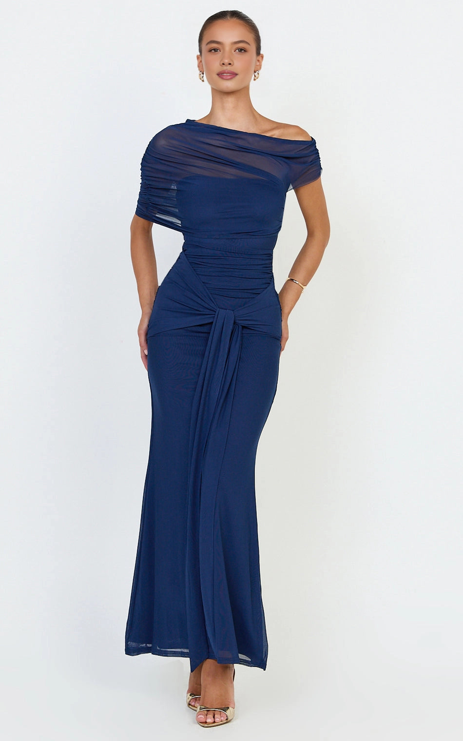 Romantic Mermaid One Shoulder Mesh Short Sleeve Open Back Tie Waist Plus Size Maxi Wedding Guest Dress