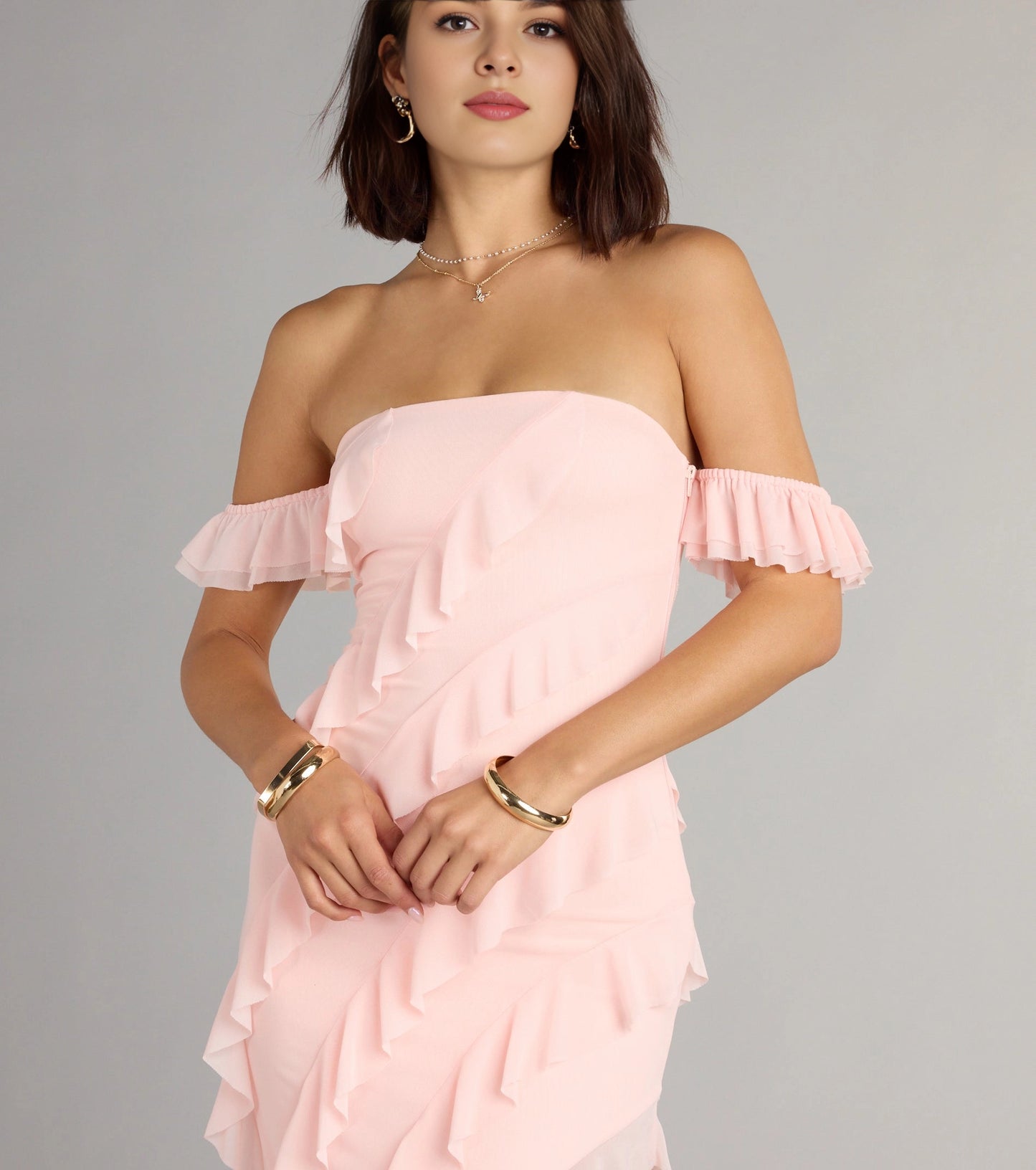 Roselledress Ruffled Slim Off-Shoulder Tube Open-Back Slit Maxi Plus Size Prom Dress
