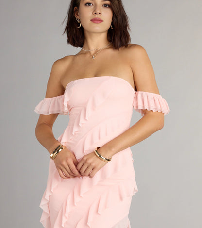 Roselledress Ruffled Slim Off-Shoulder Tube Open-Back Slit Maxi Plus Size Prom Dress