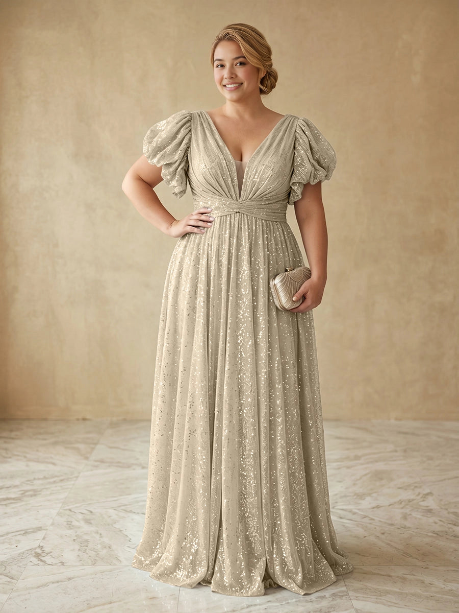 Glamorous A-Line Deep V Puff Sleeve V-Back Floor Length Plus Size Prom Dress