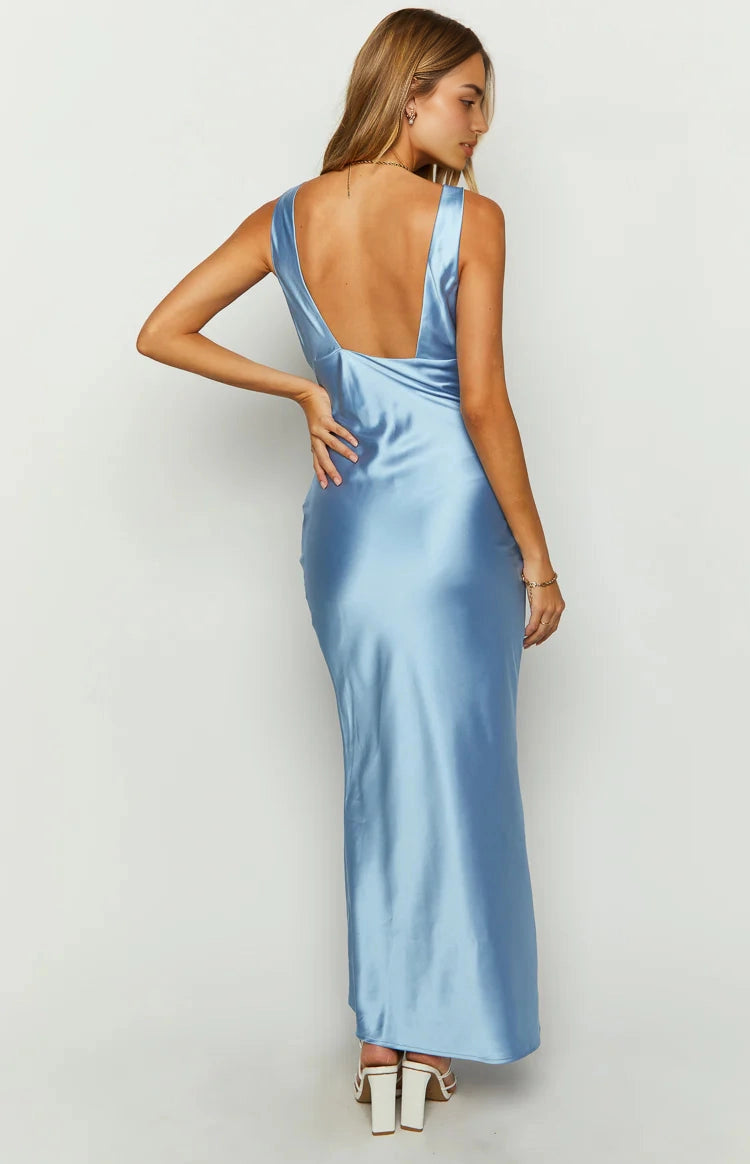 RoselleDress plain deep v open back light blue satin maxi gown back view