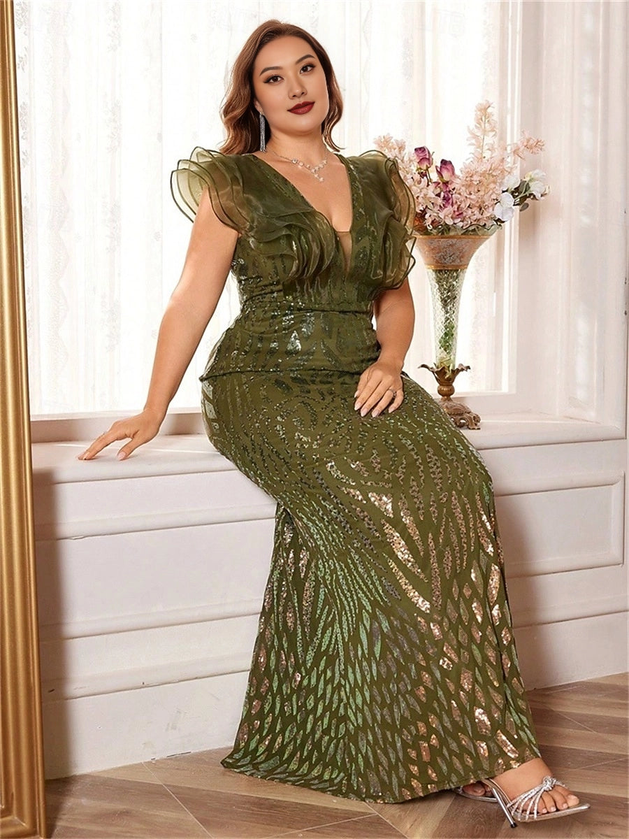 Luxury Mermaid V-Neck Ruffle Cap Sleeve V-Back Floor-Length Plus Size Sequin Prom Dress