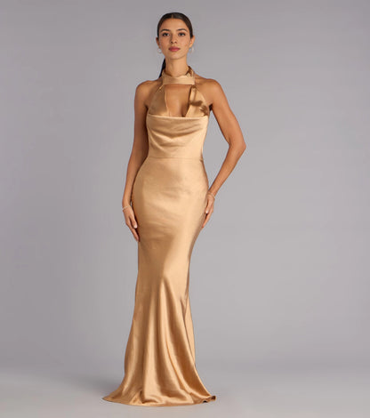 Roselledress gold satin halter bridesmaid gown front cutout cowl neck tie back mermaid long prom dress