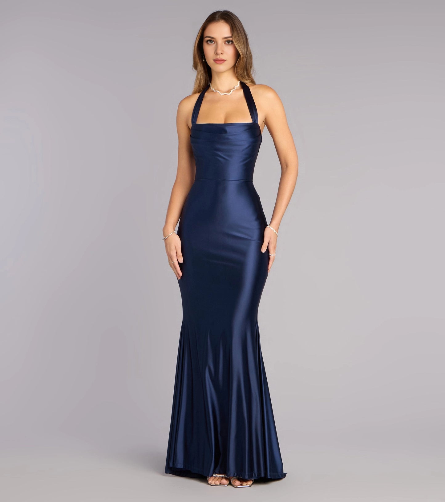 Navy Satin Mermaid Halter Cowl Sleeveless Crisscross Lace Up Back Maxi  Prom Dress