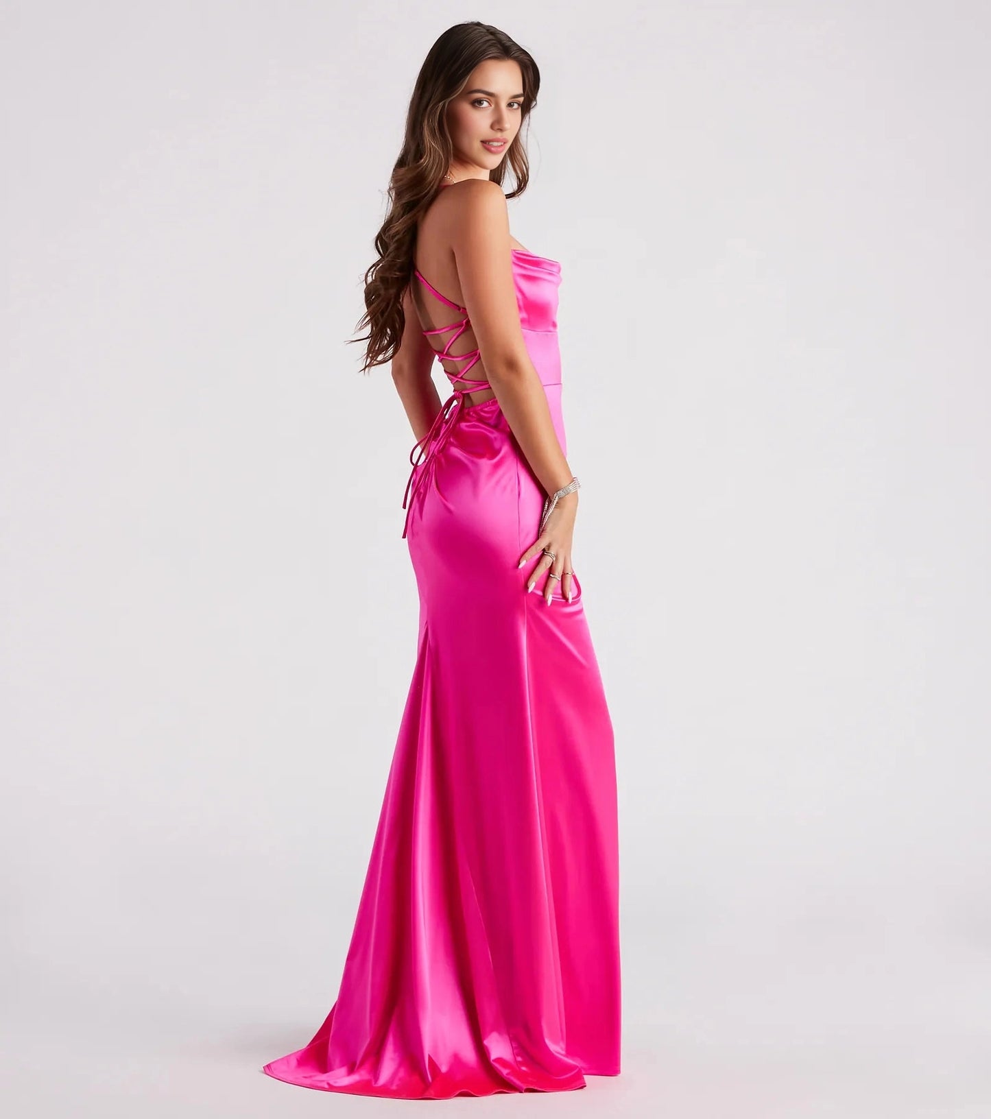Slim Maxi Spaghetti Lace-Up Back Ruched Long Prom Dress