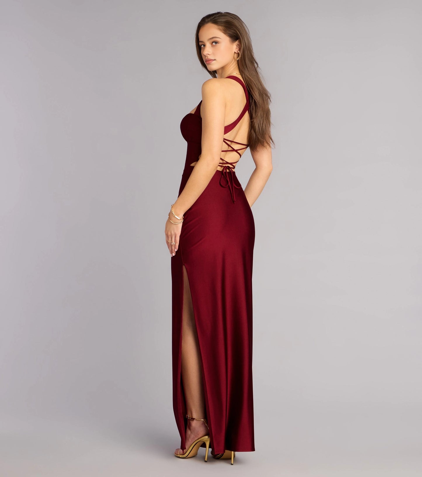 RoselleDress wine red fitted gown criss cross lace up cutout open back long formal evening dress