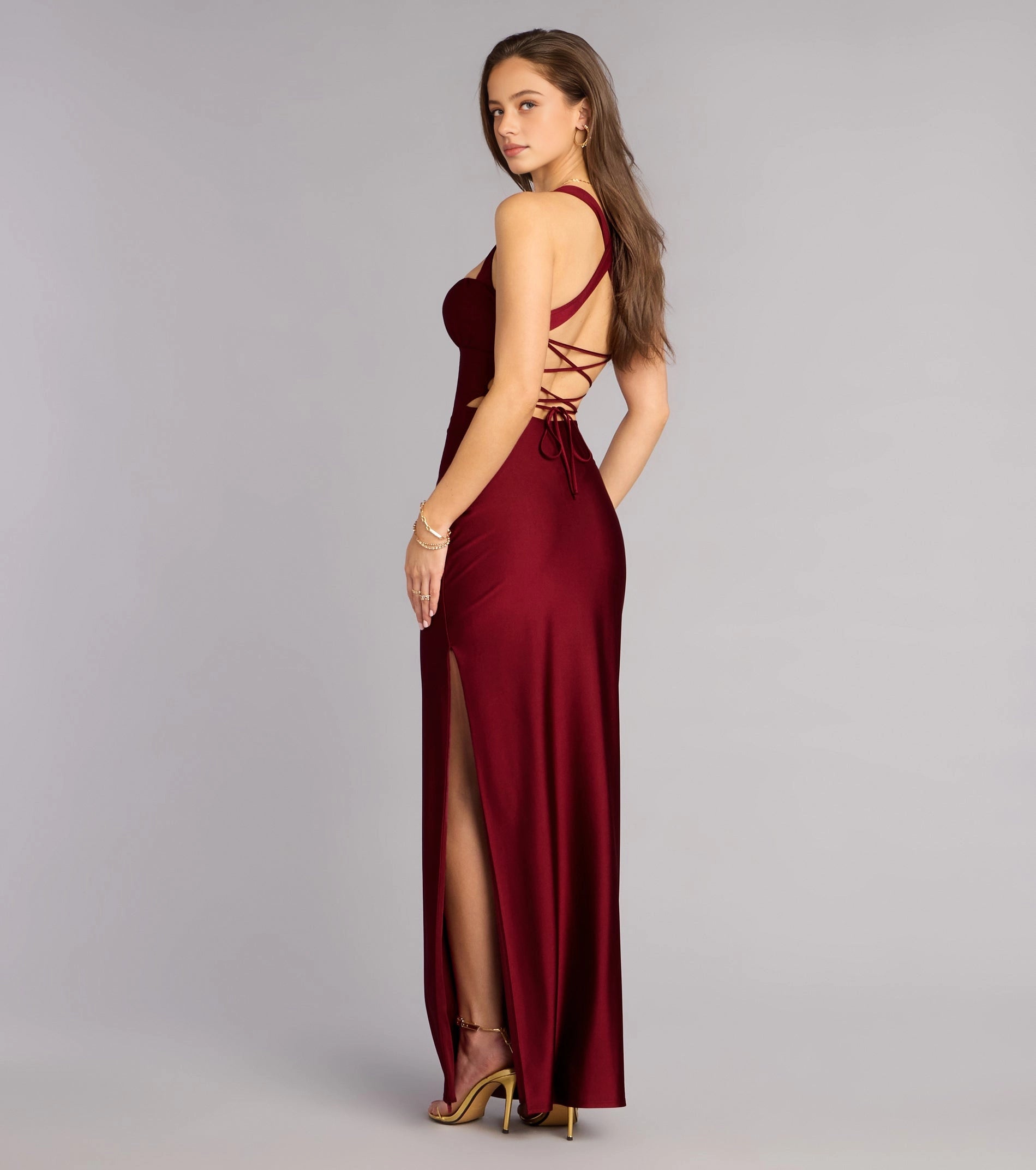 RoselleDress wine red fitted gown criss cross lace up cutout open back long formal evening dress