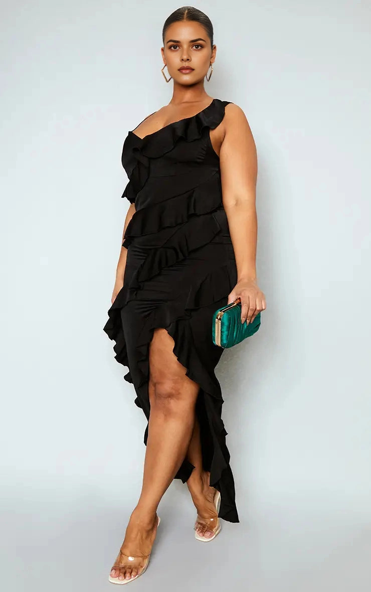 Satin Ruffled Midi V‑Neck Sleeveless Open‑Back Maxi Plus Size Wedding Guest Dress