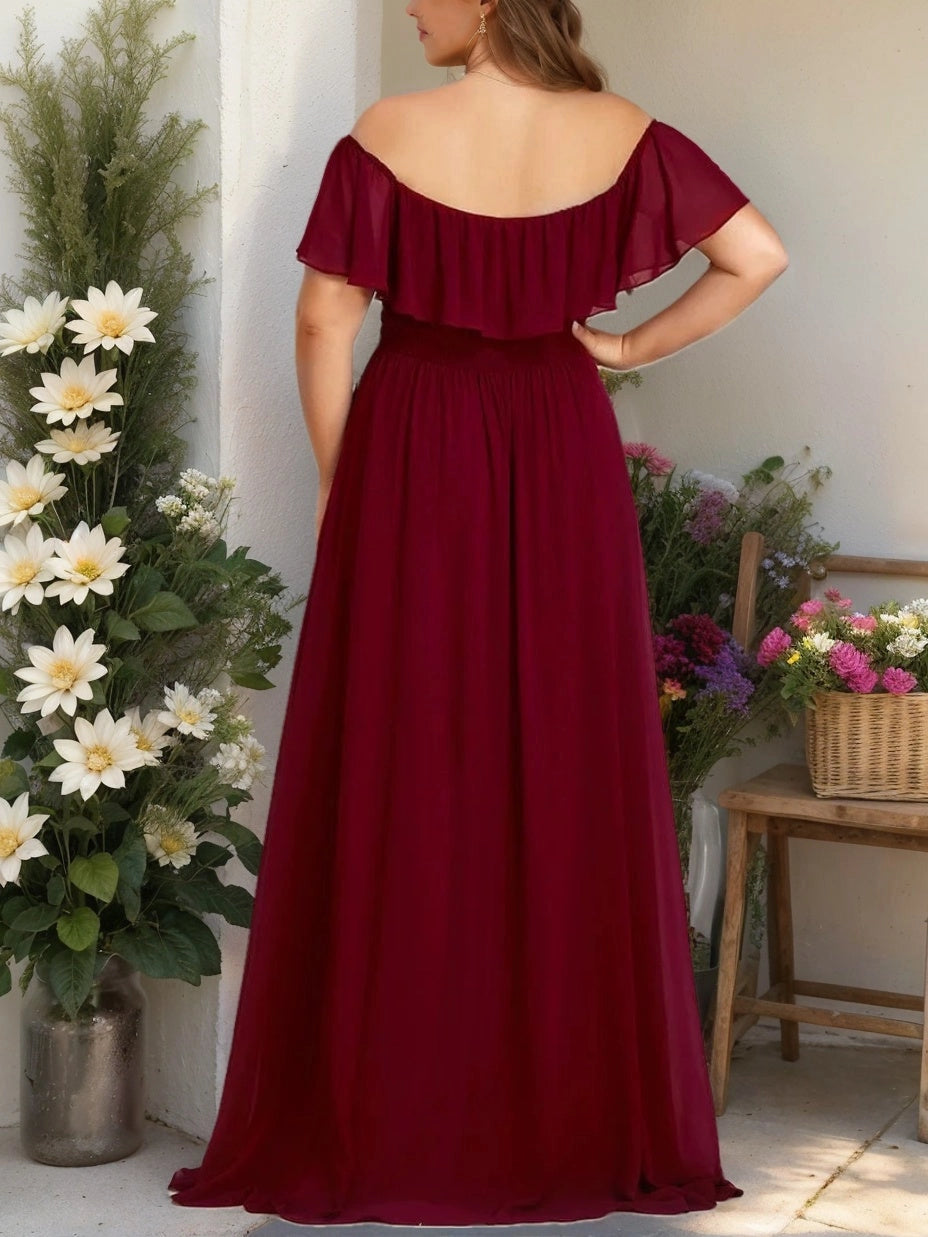 Back view of RoselleDress wine red curvy chiffon evening dress solid open back elastic waist high low maxi bridesmaid dress
